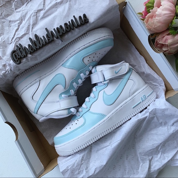Nike Shoes - Nike Custom Painted Air Force 1 Mid - Powder Blue